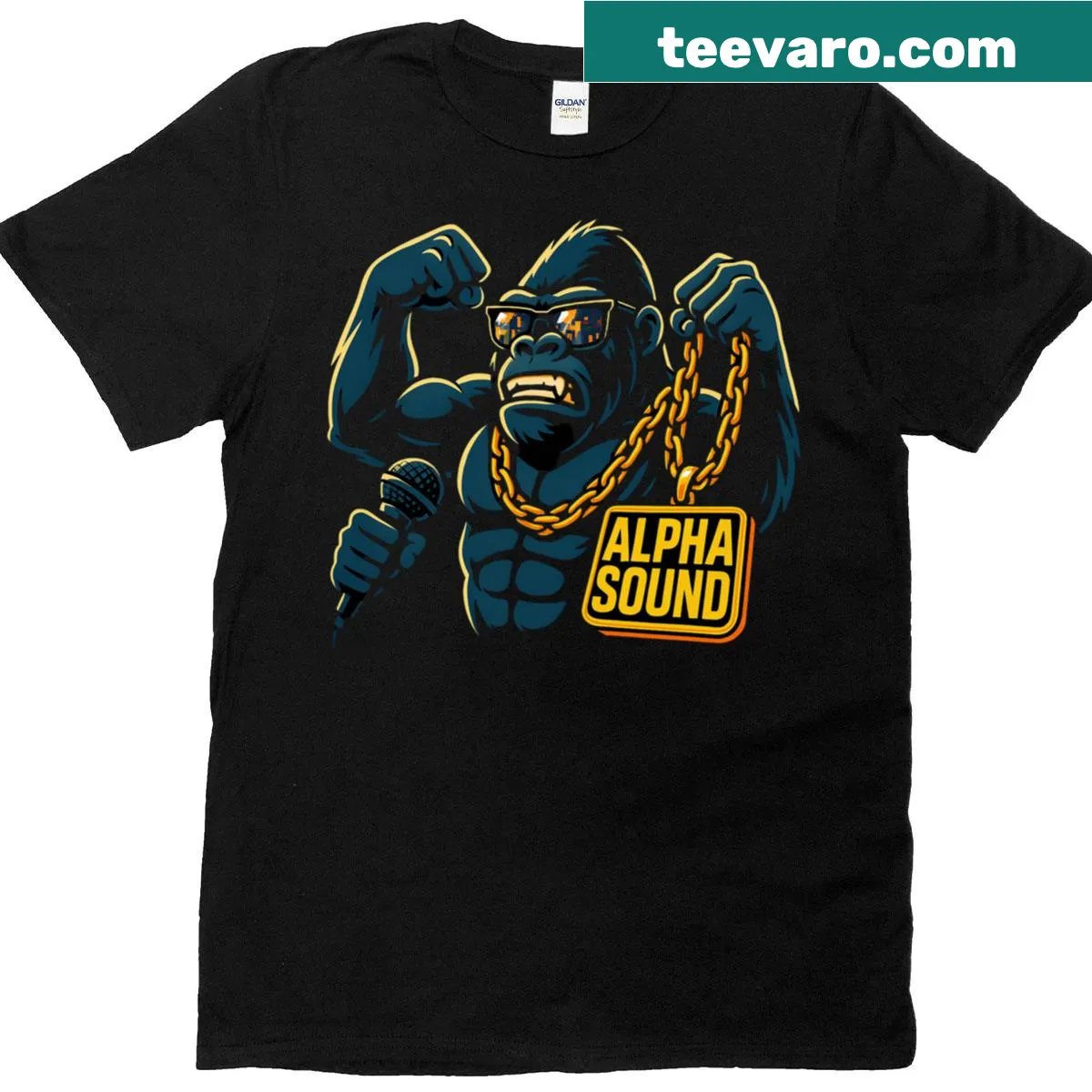 Illustration of a muscular gorilla rapper on a T-shirt — on a men's t-shirt