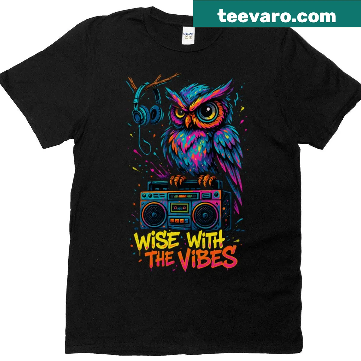 Neon owl graphic t-shirt featuring a boombox — on a men's t-shirt