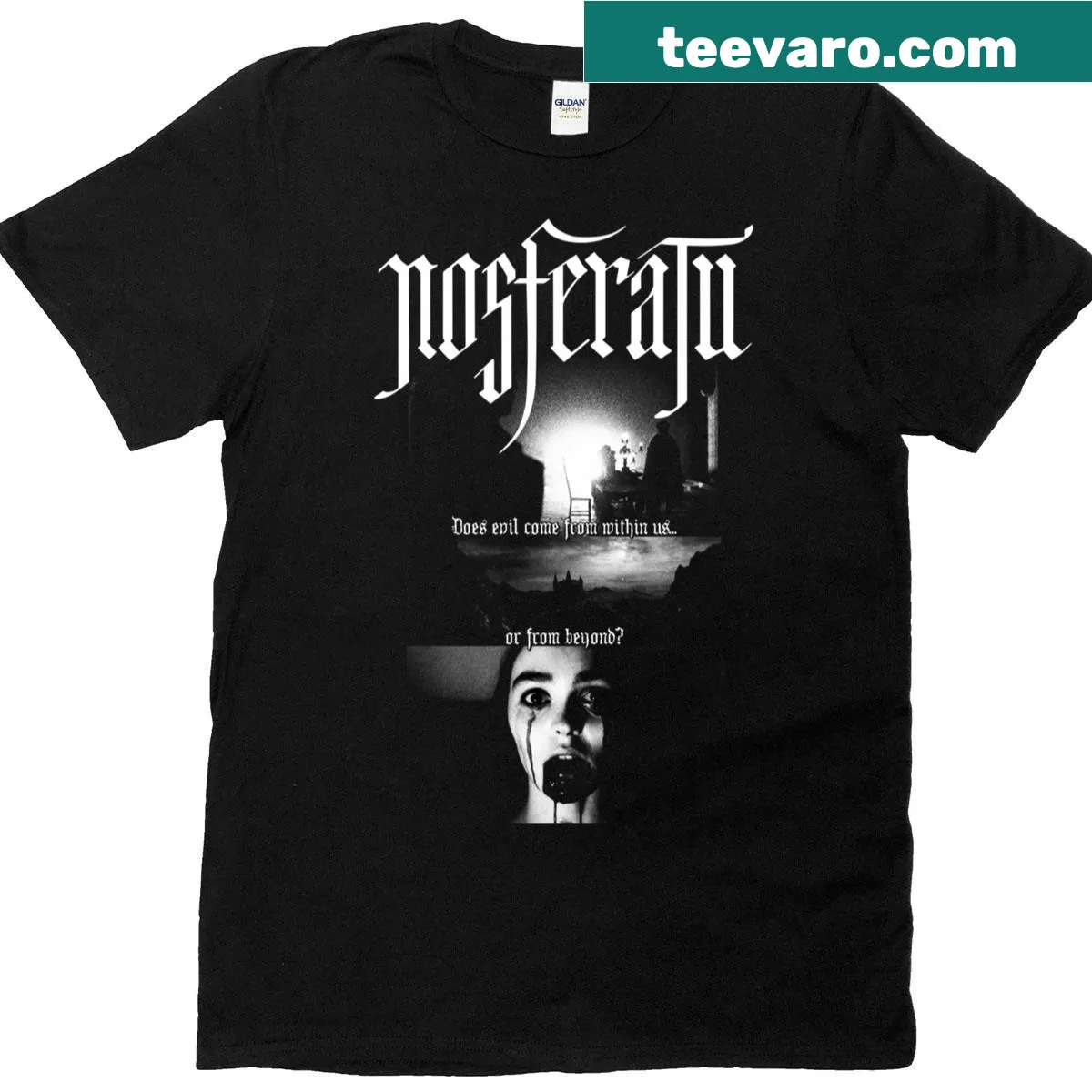 T-shirt featuring the Nosferatu character from the classic horror film. — on a men's t-shirt