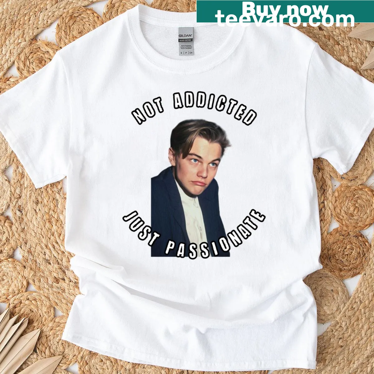 Humorous T-shirt with text about Young Leo addiction — on a men's t-shirt