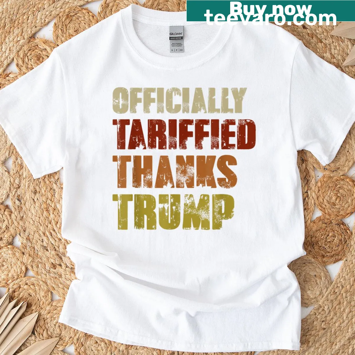 Retro tee with humorous anti-tariff design referencing current events — on a men's t-shirt