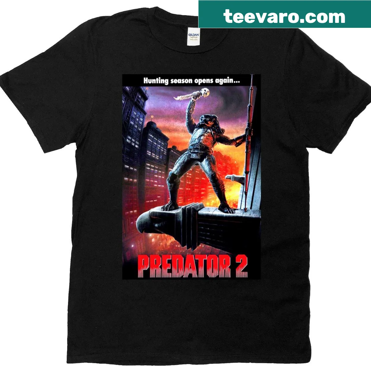 T-shirt featuring 'Hunting Season Opens Again' text from Predator 2 — on a men's t-shirt