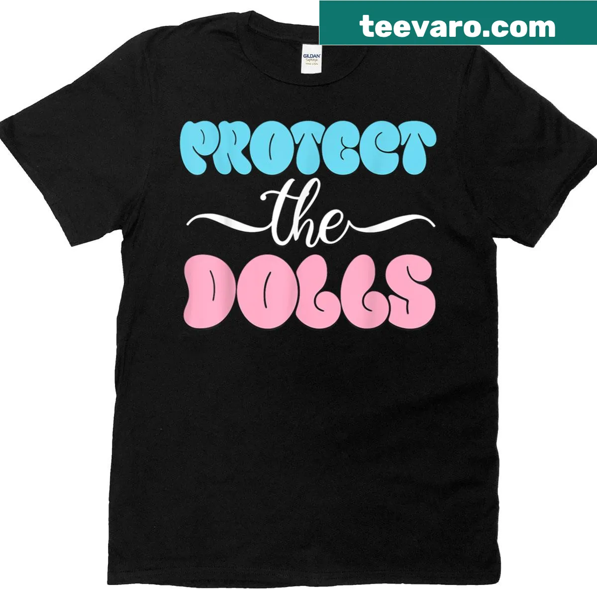 Protect The Dolls Trans Pride t-shirt with bold text — on a men's t-shirt