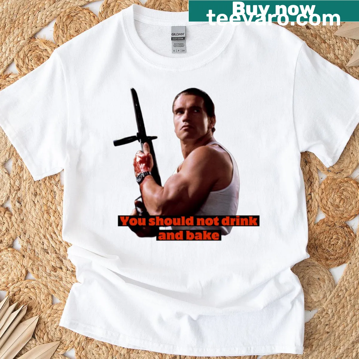 Illustrated T-shirt combining drinking and baking themes in a fun graphic. — on a men's t-shirt