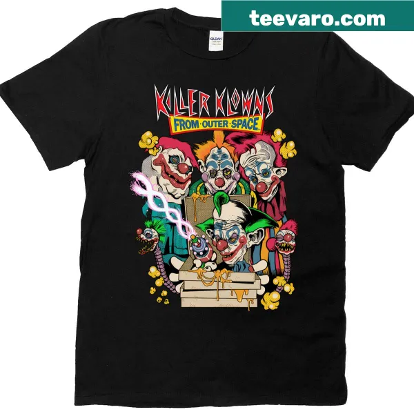 Cartoon design of Killer Klowns from Outer Space on a T-shirt