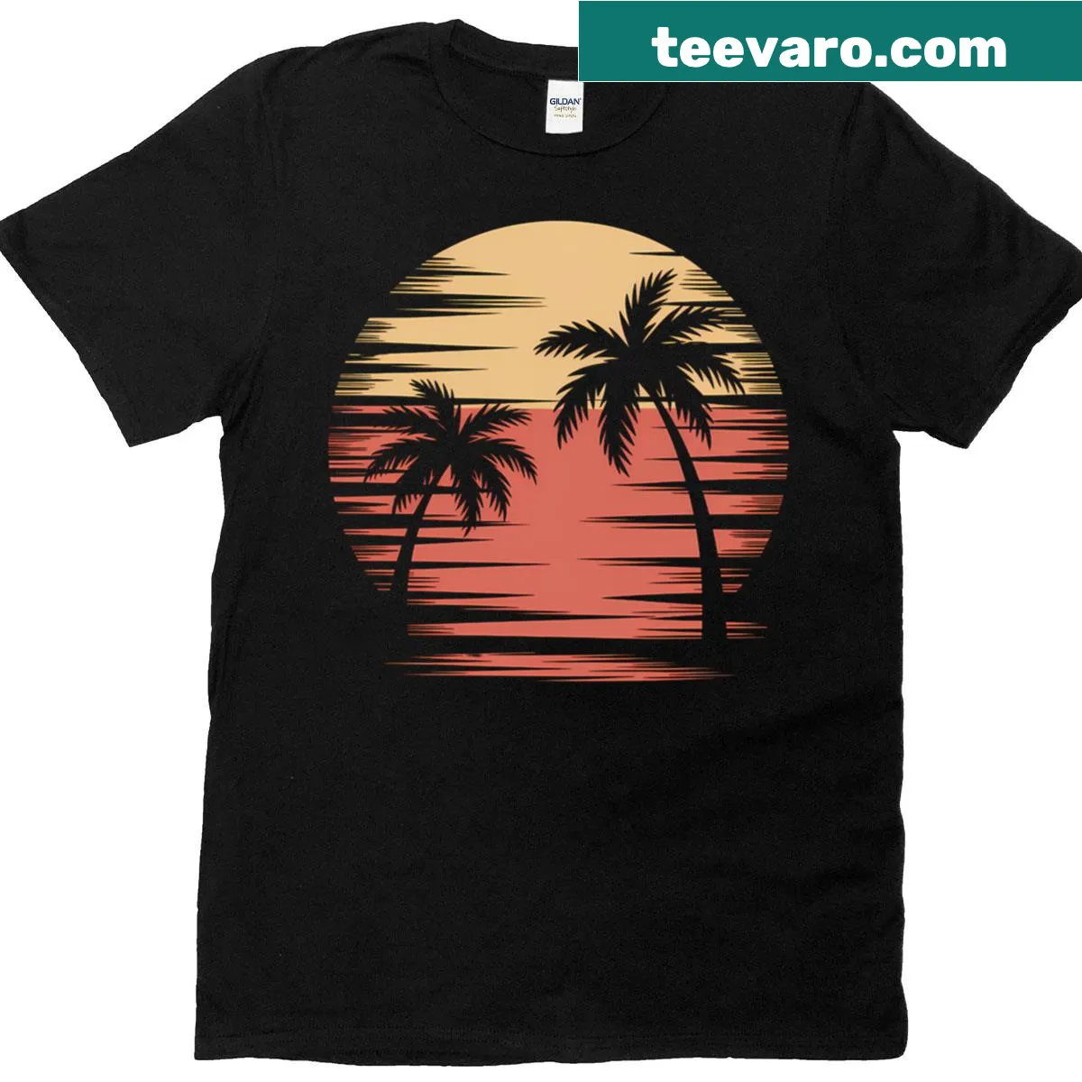 Vintage-style T-shirt featuring palm trees and a sunset illustration — on a men's t-shirt