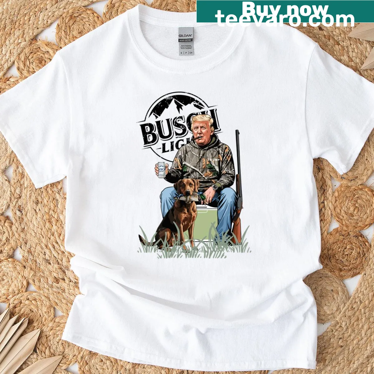 Funny retro hunting graphic with beer and deer on t-shirt — on a men's t-shirt
