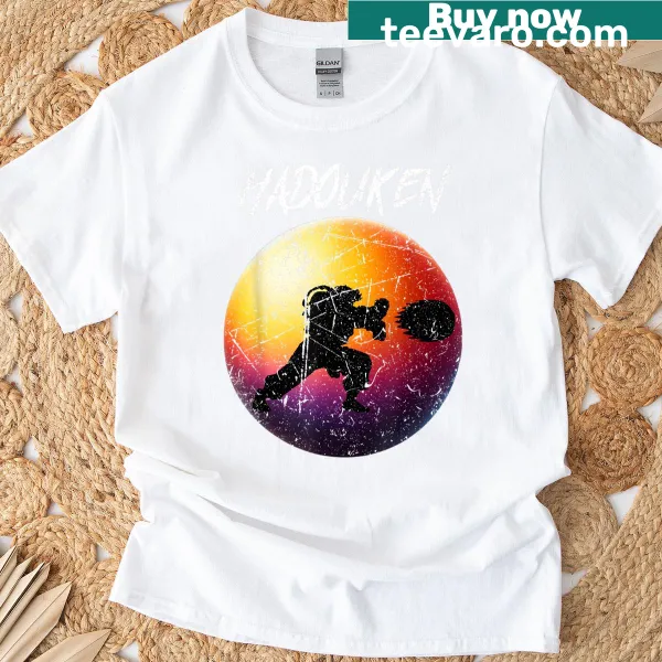 Illustrated T-shirt featuring a retro Hadouken design for gaming fans.