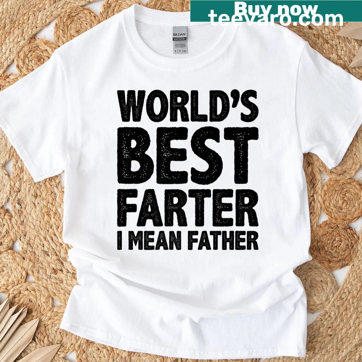 Humorous 'World's Best Farter I Mean Father' text on t-shirt — on a men's t-shirt