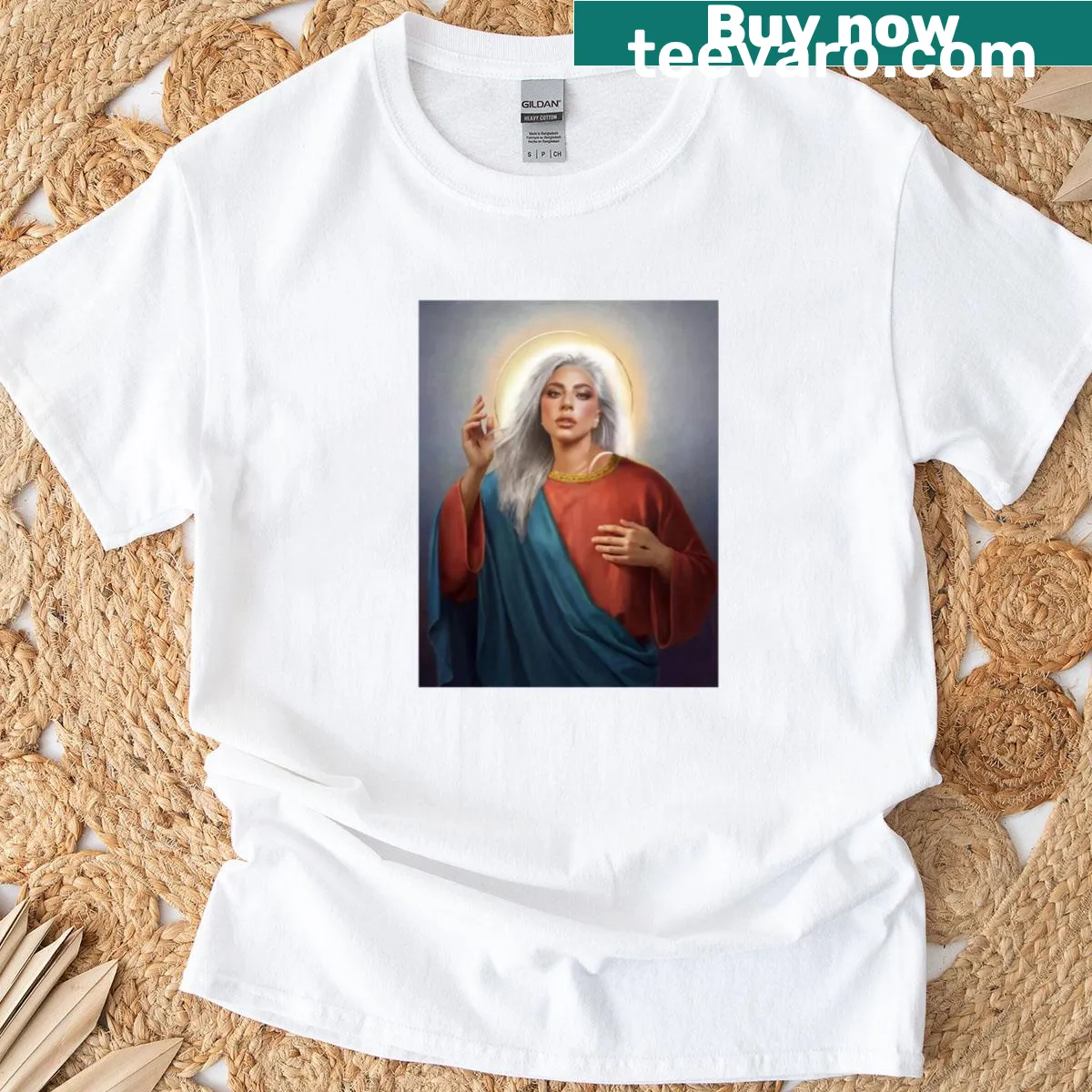 T-shirt featuring a tribute illustration of Lady Gaga. — on a men's t-shirt