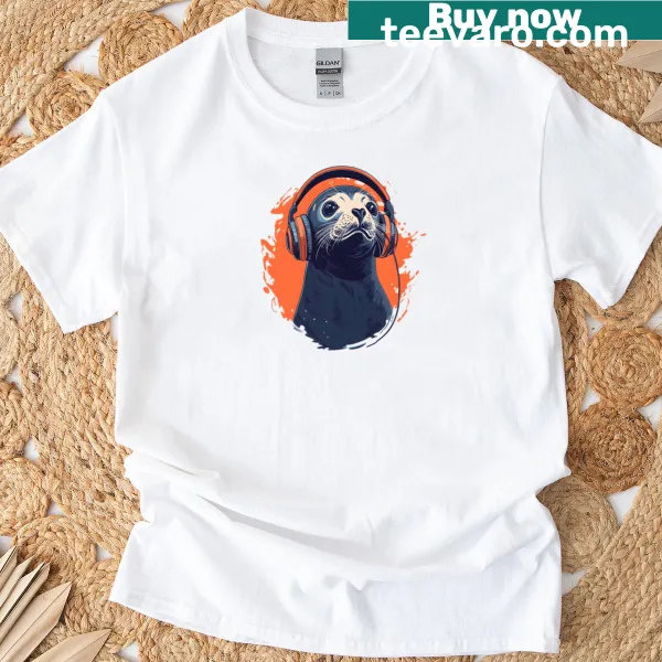 Playful seal wearing headphones illustration on t-shirt