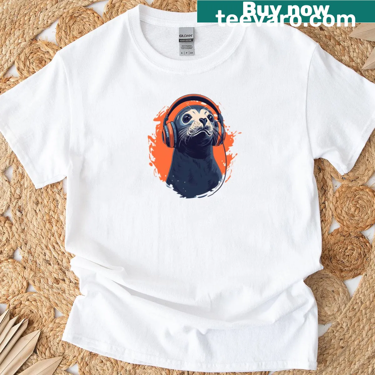 Playful seal wearing headphones illustration on t-shirt — on a men's t-shirt