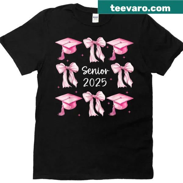 Hand-lettered Class of 2025 design with pink bow on a T-shirt