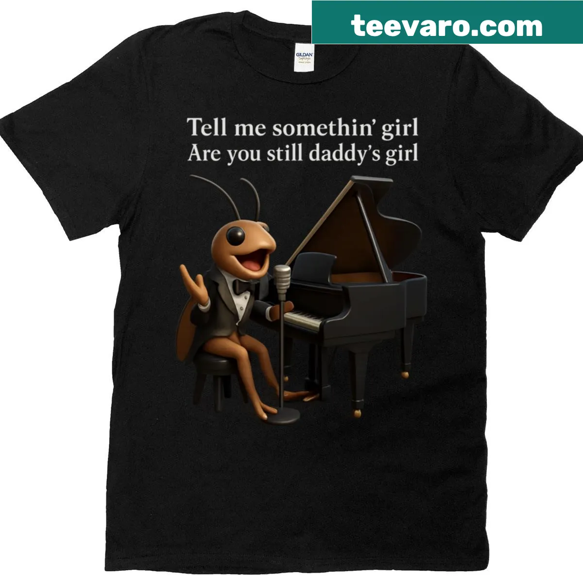 3D art T-shirt featuring a funny cricket playing piano — on a men's t-shirt