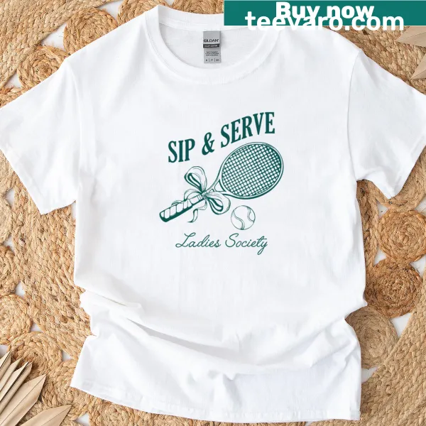 T-shirt for women featuring playful Sip Amp Serve design