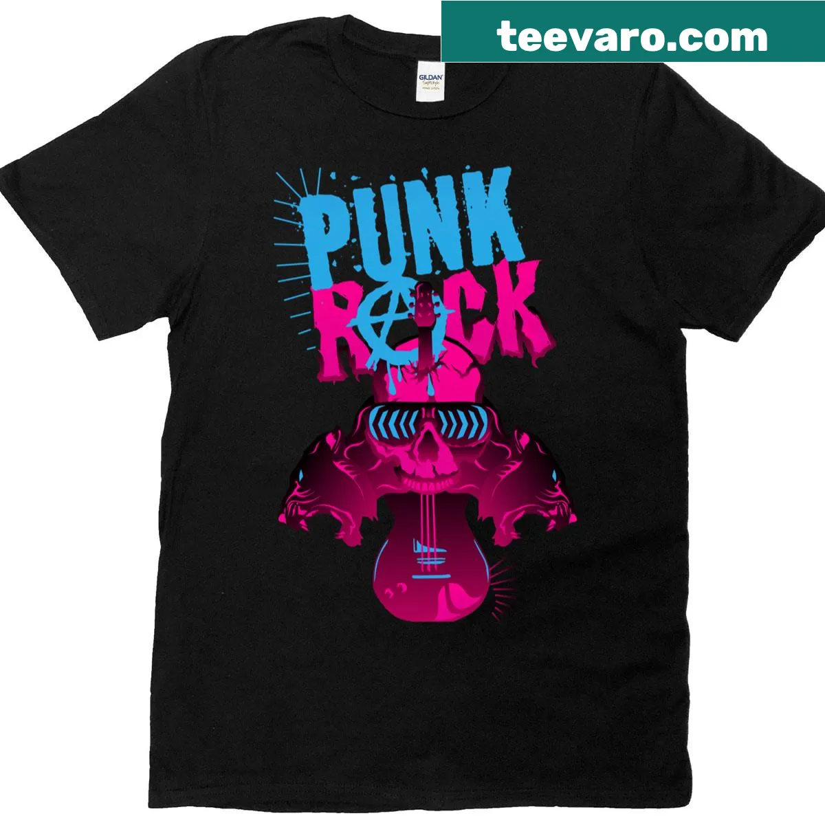 Punk rock-themed T-shirt featuring skull, panther, and electric guitar — on a men's t-shirt
