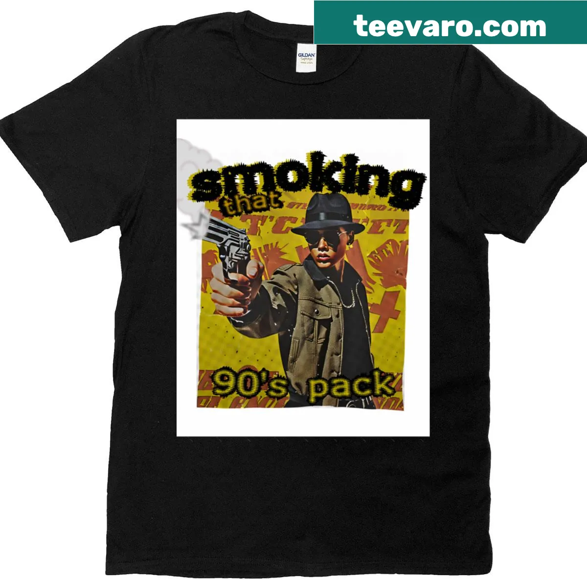 90s action movie poster graphic on an oversized T-shirt — on a men's t-shirt