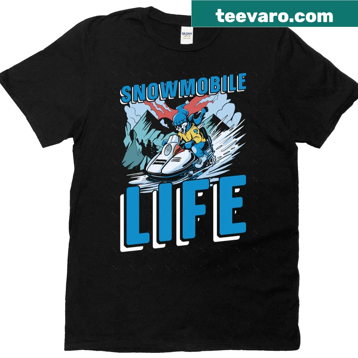 Graphic of snowmobiling in mountainous scenery on a t-shirt — on a men's t-shirt