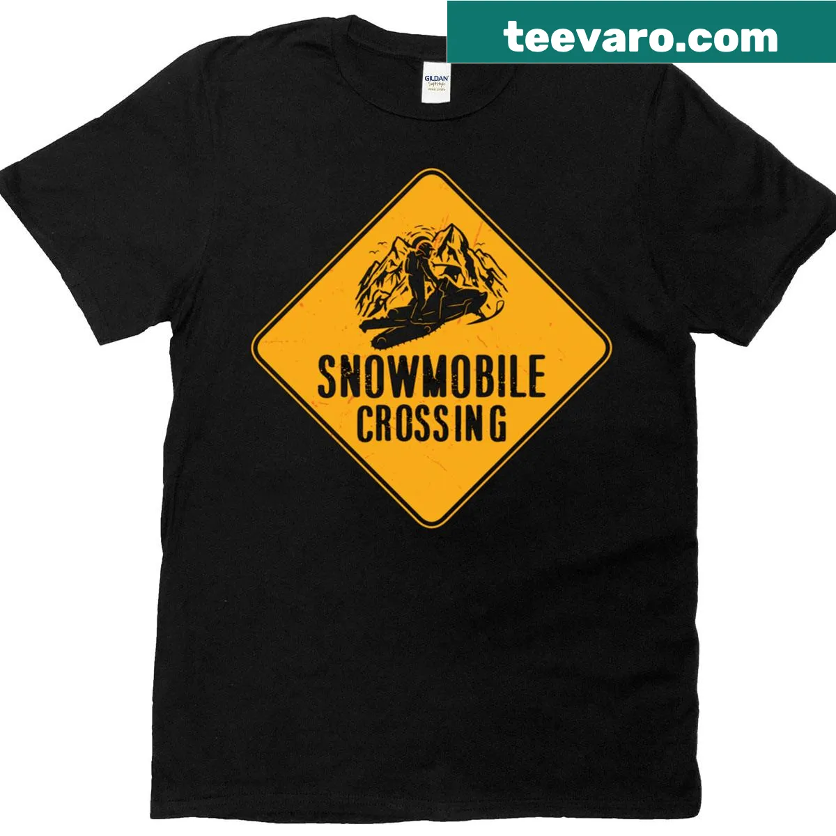Snowmobile crossing graphic on a motorsport-themed t-shirt — on a men's t-shirt