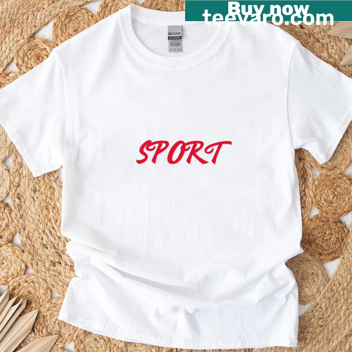 T-shirt featuring bold text repeating 'Sport Sport Sport' — on a men's t-shirt