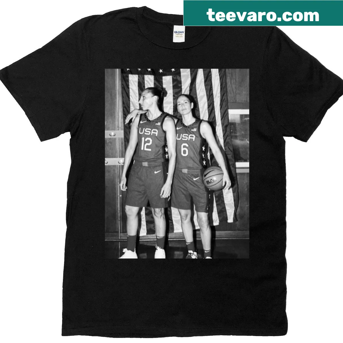 T-shirt featuring the names Sue Bird and Diana Taurasi in bold typography — on a men's t-shirt