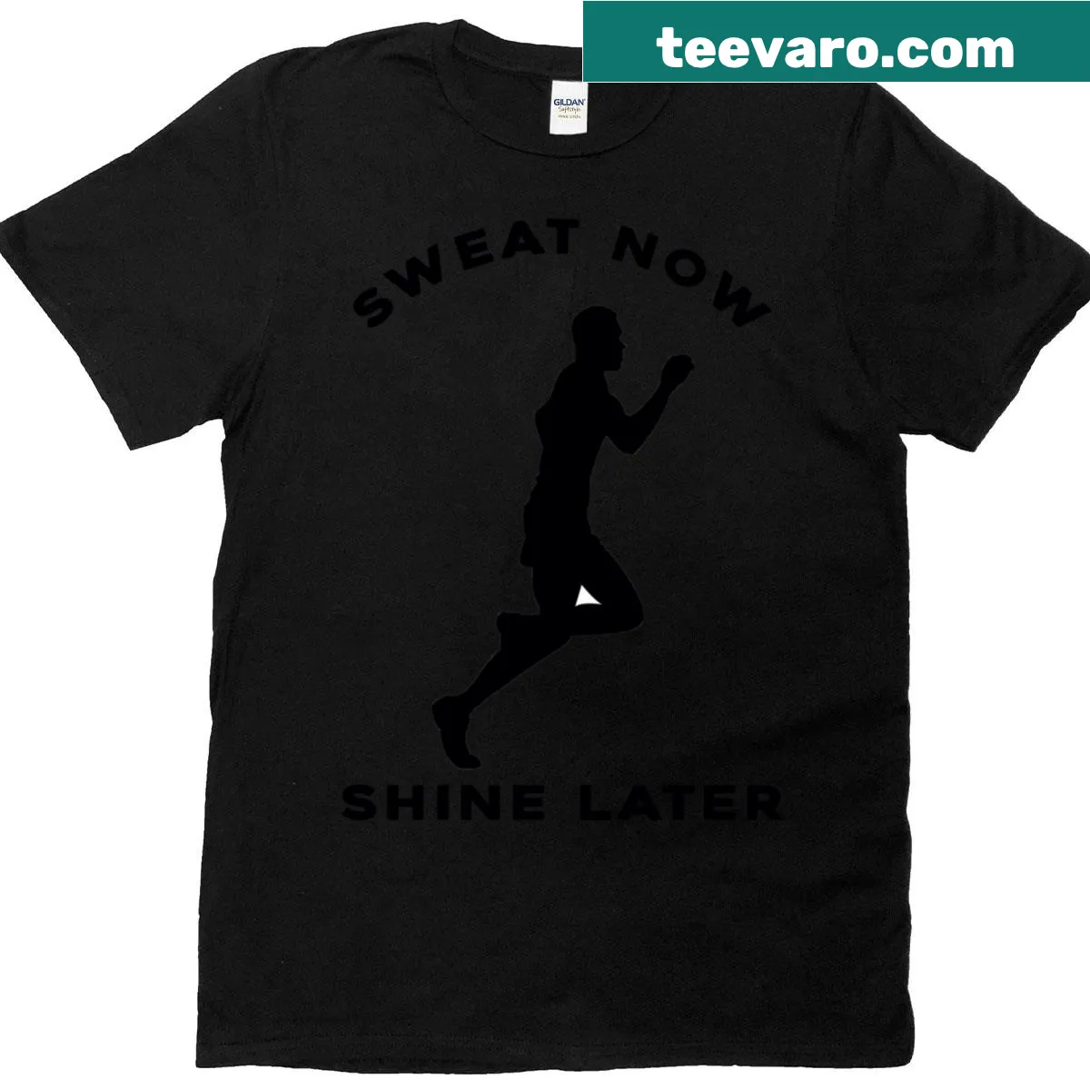 Inspirational oversized t-shirt with Sweat Now Shine Later text — on a men's t-shirt