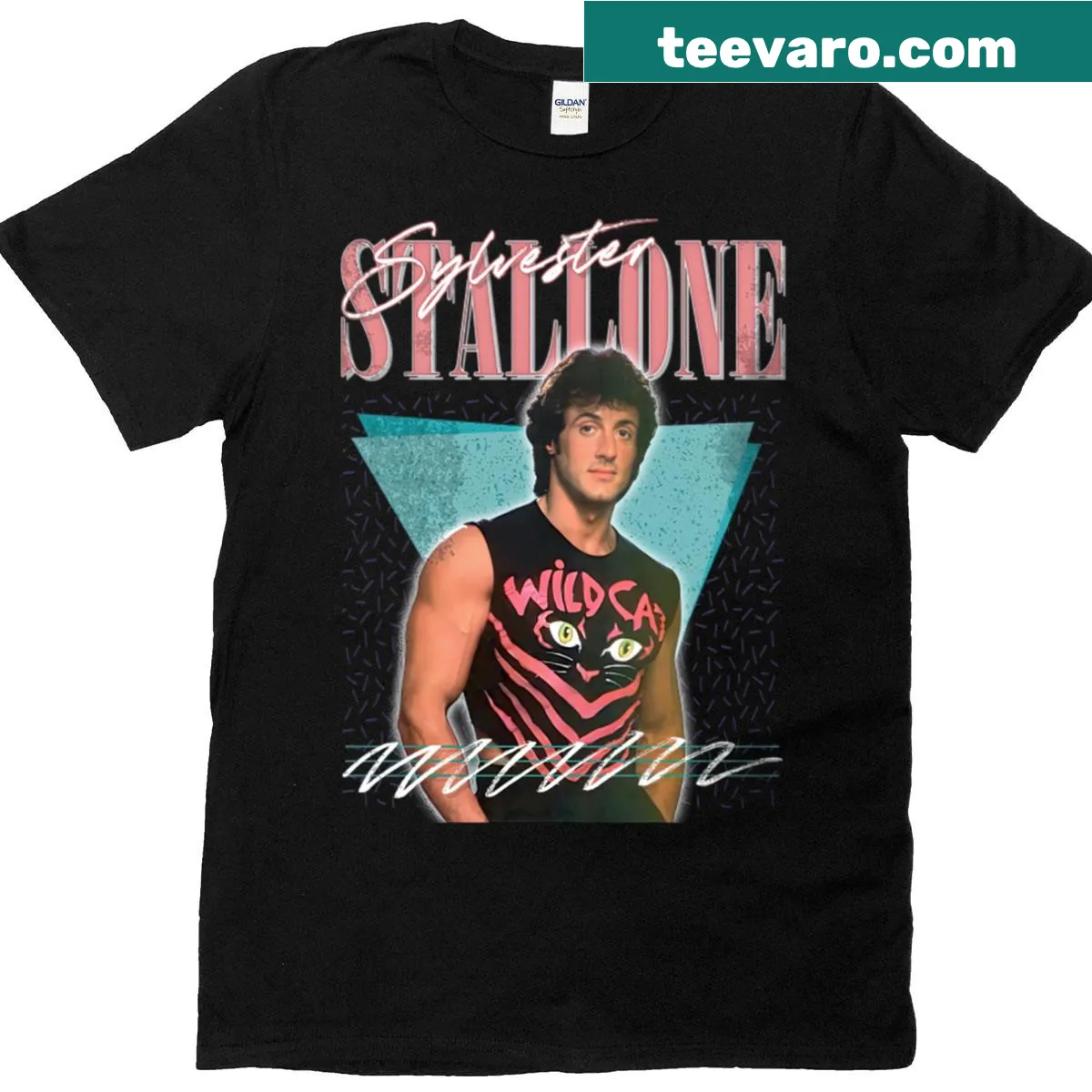Vintage-inspired t-shirt featuring 80s Stallone aesthetic graphics — on a men's t-shirt