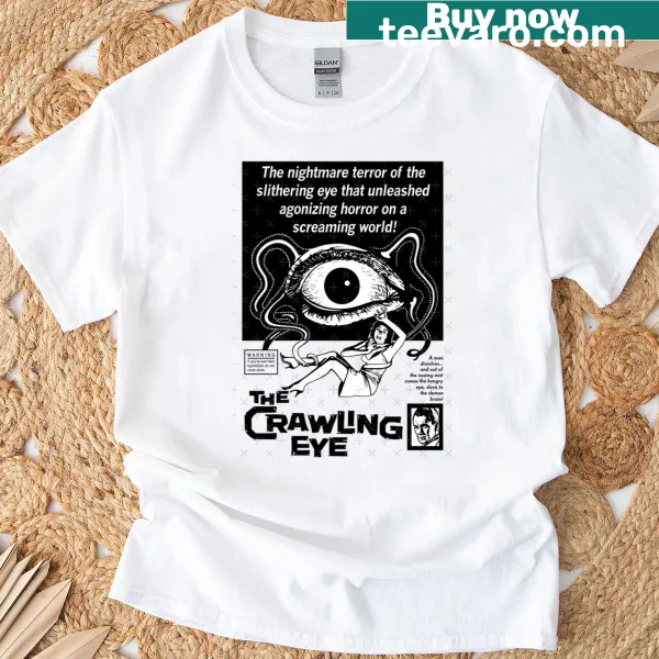 Black and white graphic of The Crawling Eye on T-shirt