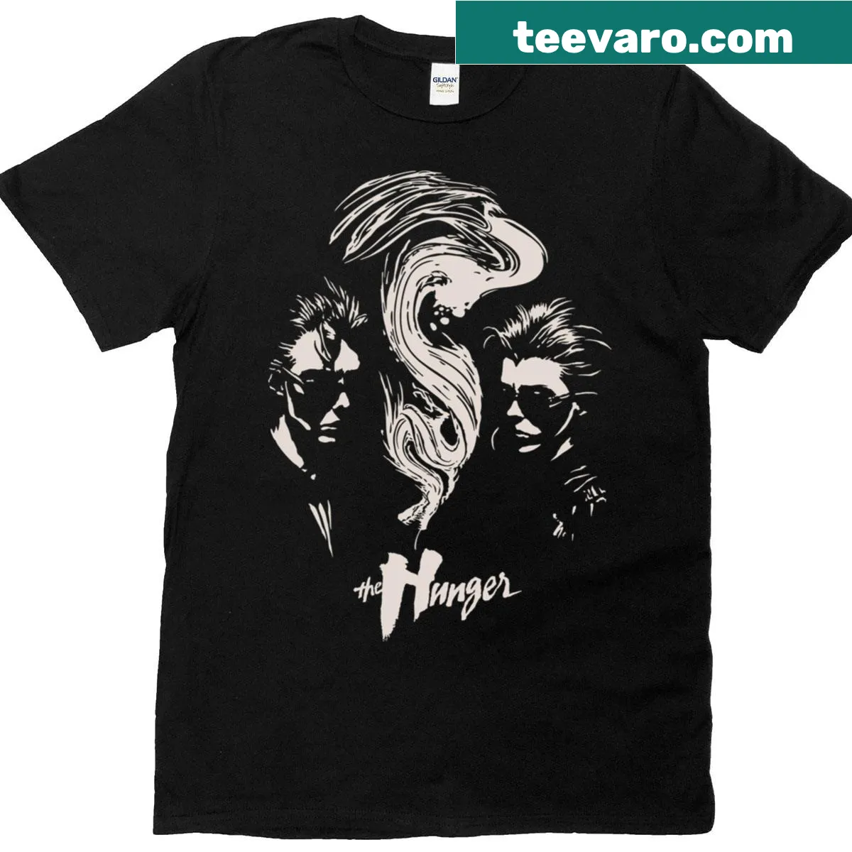 White t-shirt inspired by The Hunger with vampire graphic — on a men's t-shirt