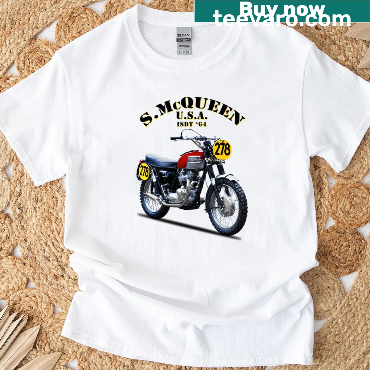 Vintage motorcycle illustration T-shirt celebrating Isdt 1964 event — on a men's t-shirt