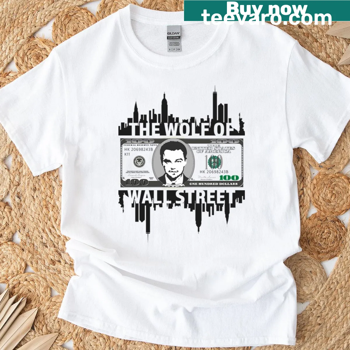 Minimalist movie art t-shirt inspired by The Wolf of Wall Street — on a men's t-shirt