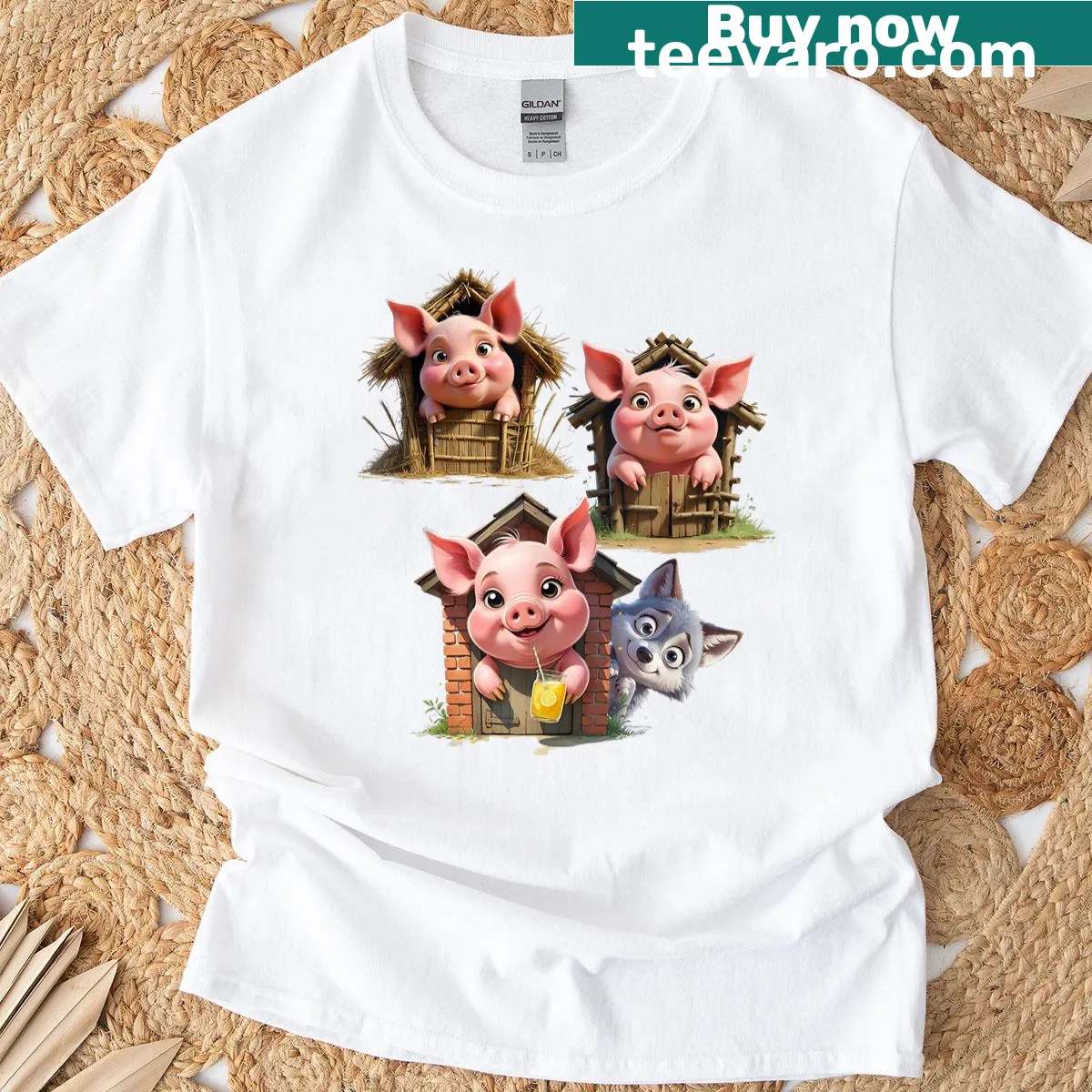 Cartoon T-shirt featuring the Three Little Pigs for kids and adults — on a men's t-shirt