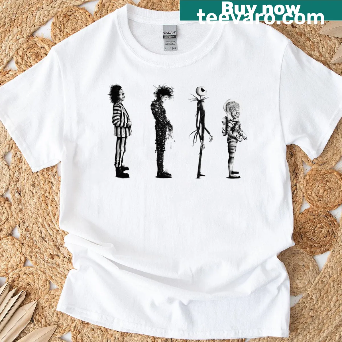 Retro vintage t-shirt featuring Tim Burton movie characters — on a men's t-shirt