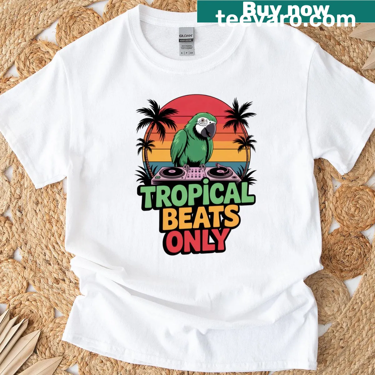 Retro design t-shirt featuring a DJ parrot and tropical themes — on a men's t-shirt