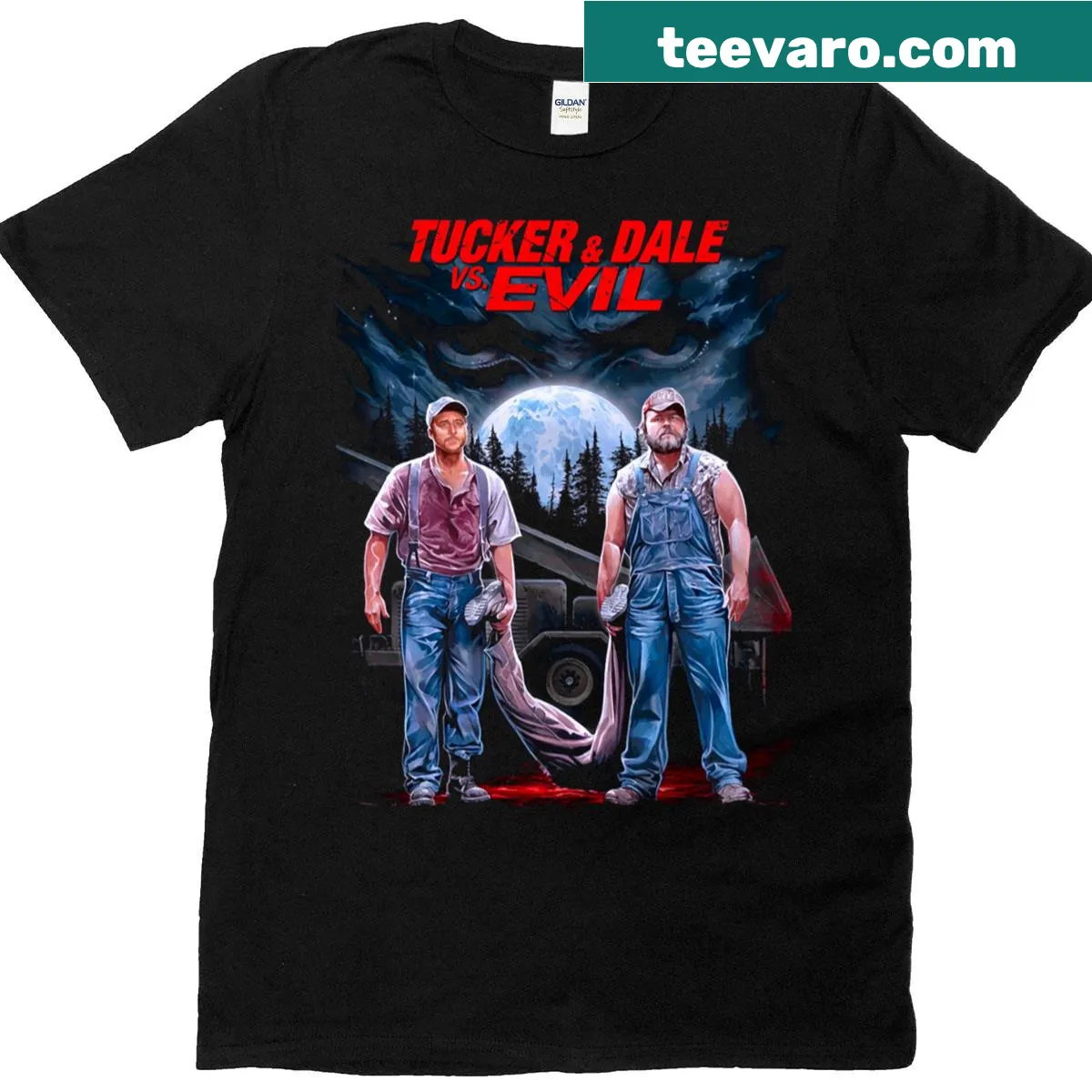 Graphic T-shirt featuring elements from Tucker And Dale Vs Evil — on a men's t-shirt