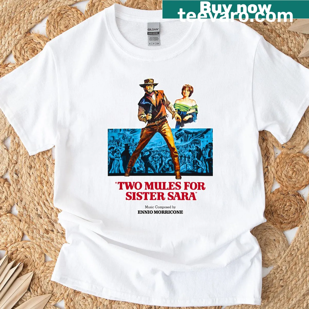 Vintage cinema-themed T-shirt inspired by Two Mules For Sister Sara — on a men's t-shirt