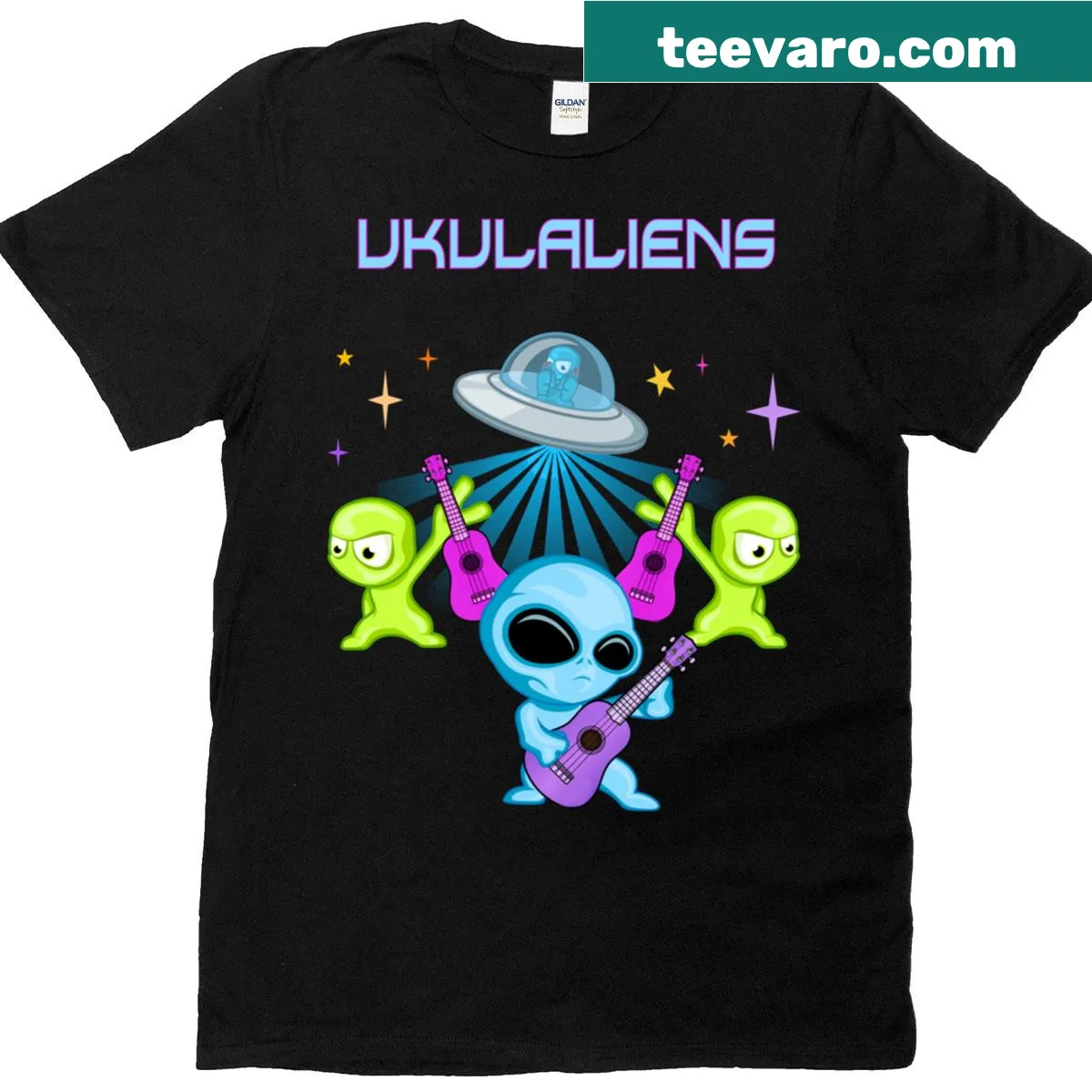 Ukulaliens logo t-shirt featuring a fun graphic and text — on a men's t-shirt