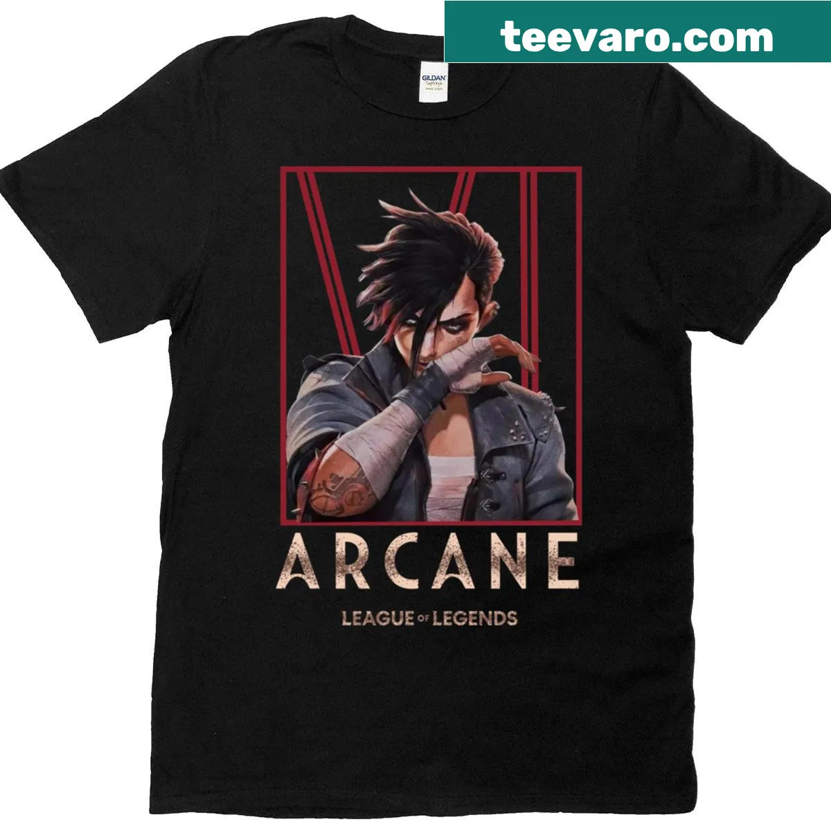 Graphic T-shirt featuring Vi from Arcane — on a men's t-shirt