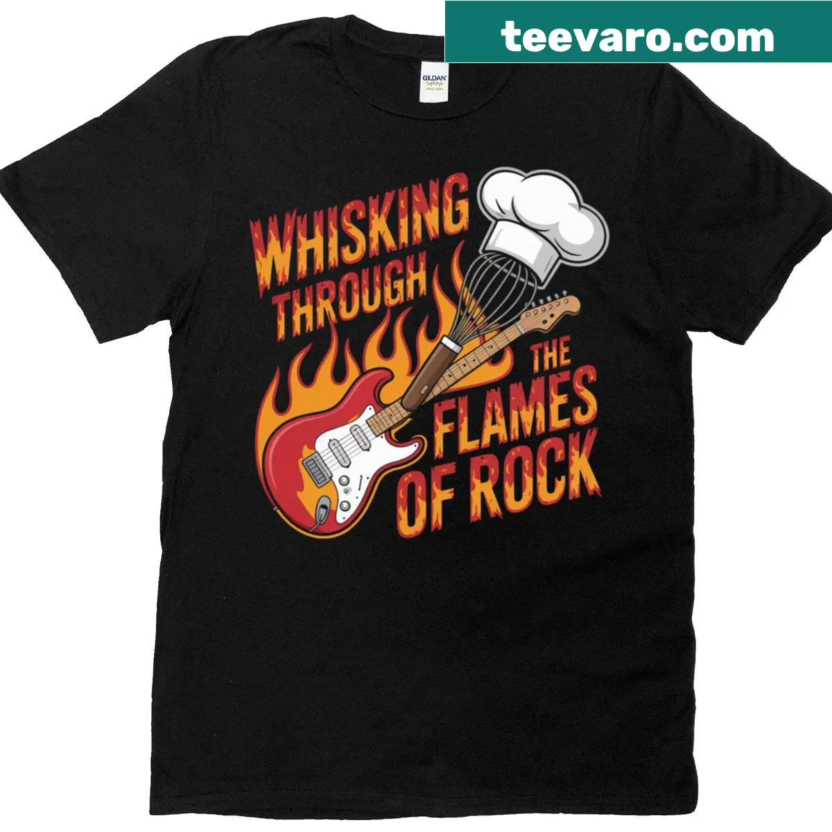 Chef with guitar and flames illustration on a T-shirt — on a men's t-shirt