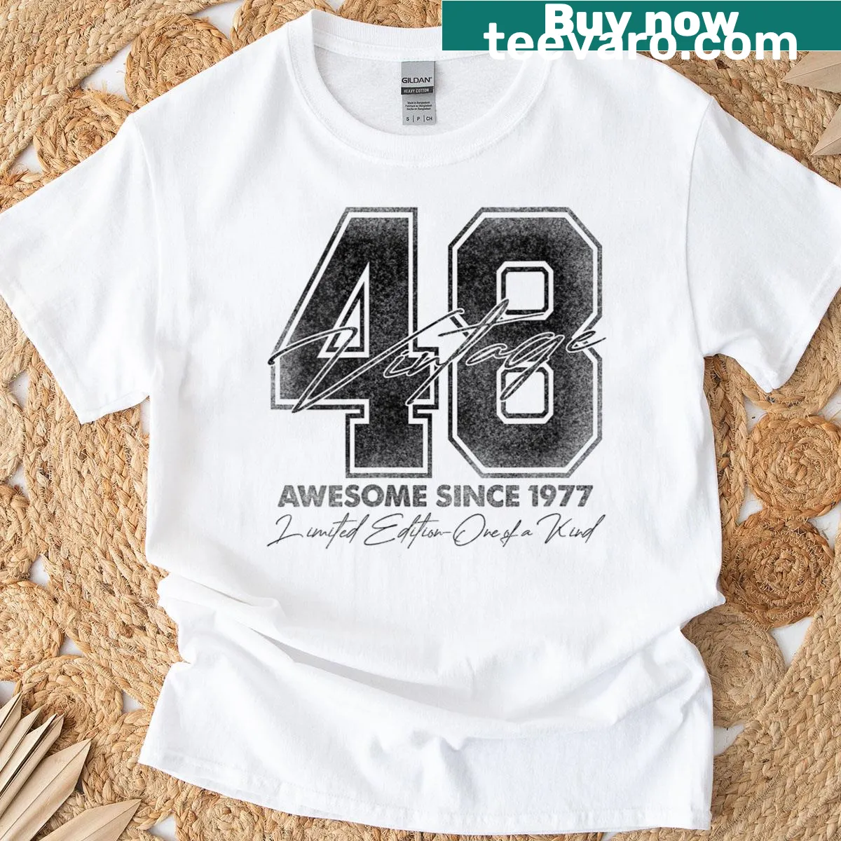 Vintage 1977 T-shirt celebrating 48th birthday — on a men's t-shirt
