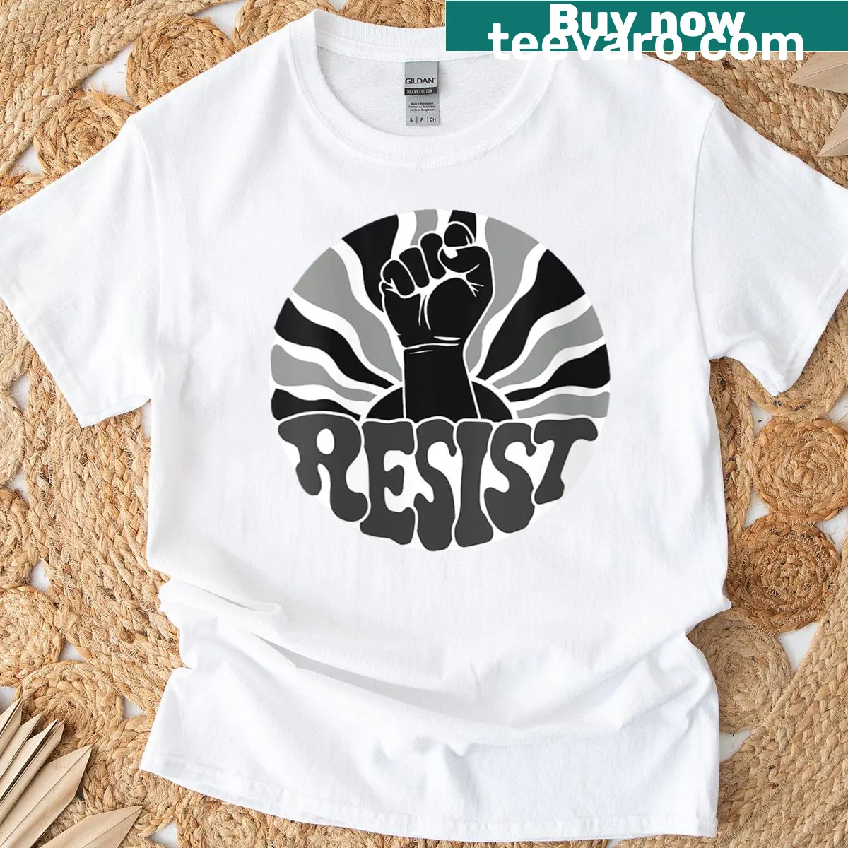 Political T-shirt featuring a fist graphic with the word 'Resist', showcasing activism. — on a men's t-shirt