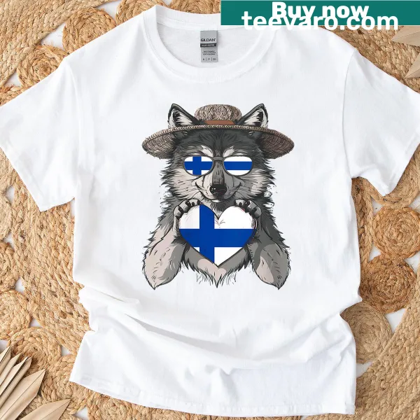 Heart-shaped wolf design with the Finland flag on a women's T-shirt