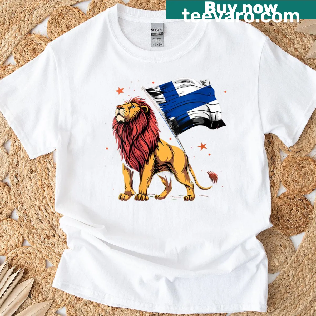 Lion emblem with the Finland flag for Finnish pride women's tee. — on a men's t-shirt