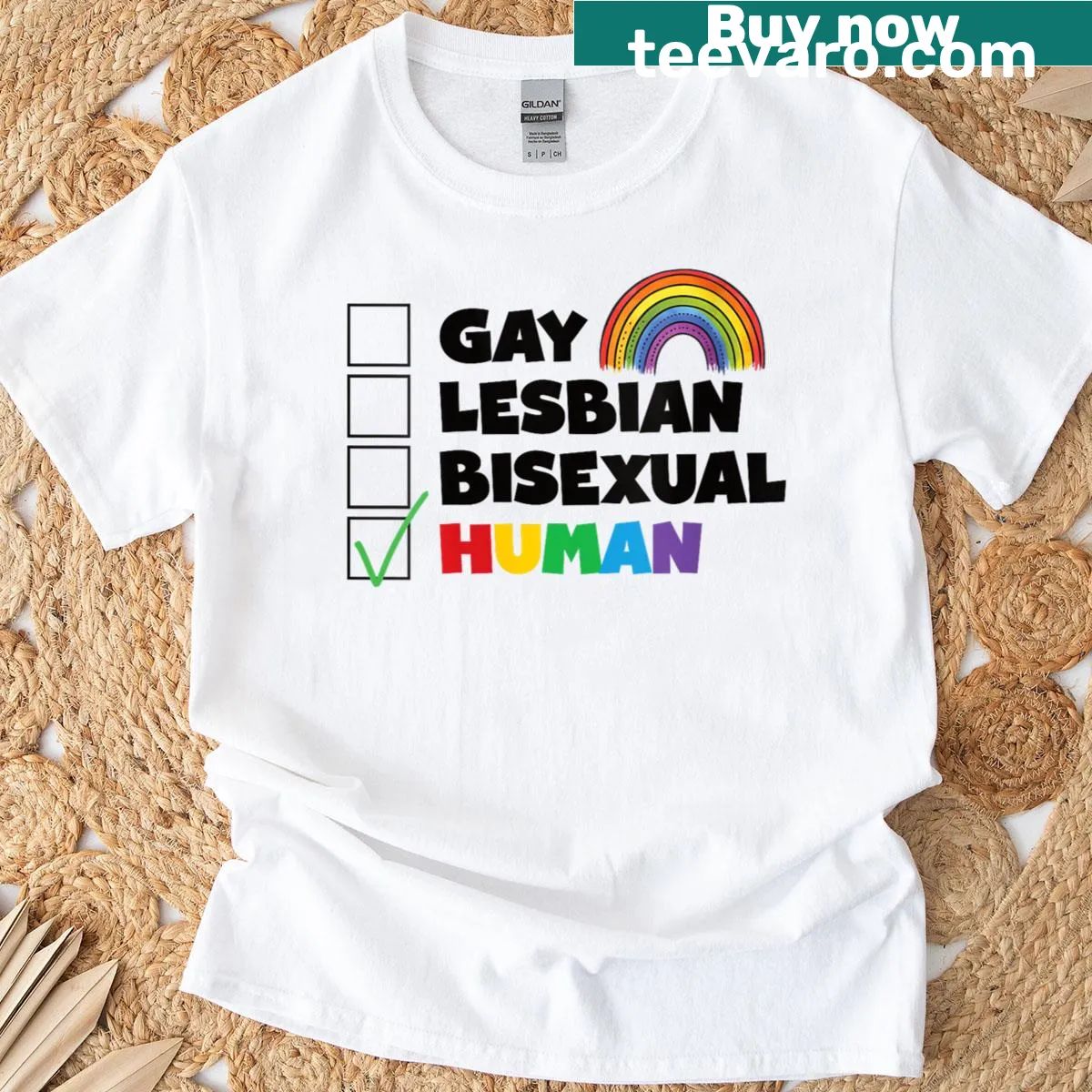 Rainbow design with 'Human Love' text for LGBTQ+ pride. — on a men's t-shirt