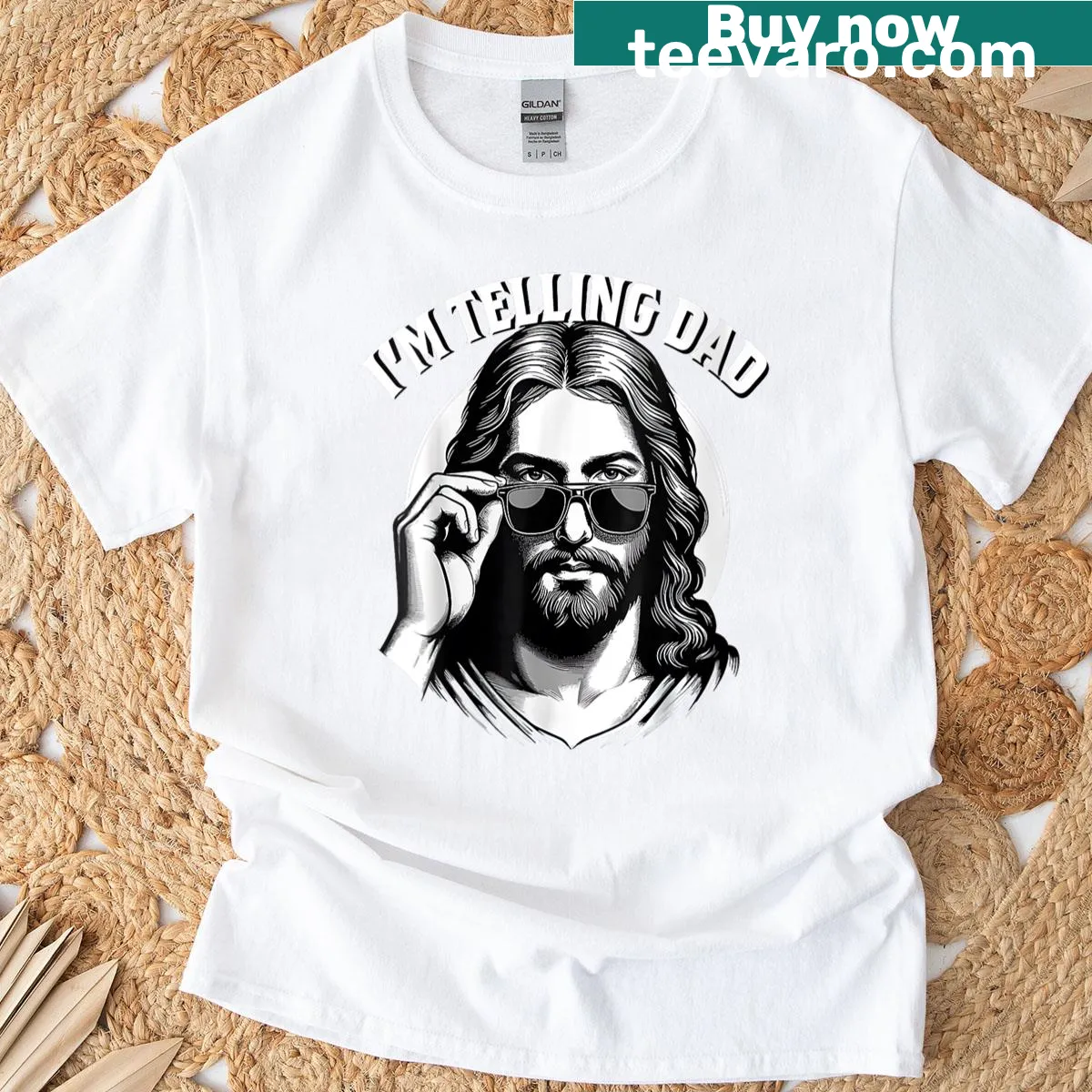 Funny religious t-shirt for dads with text I'm Telling Dad — on a men's t-shirt