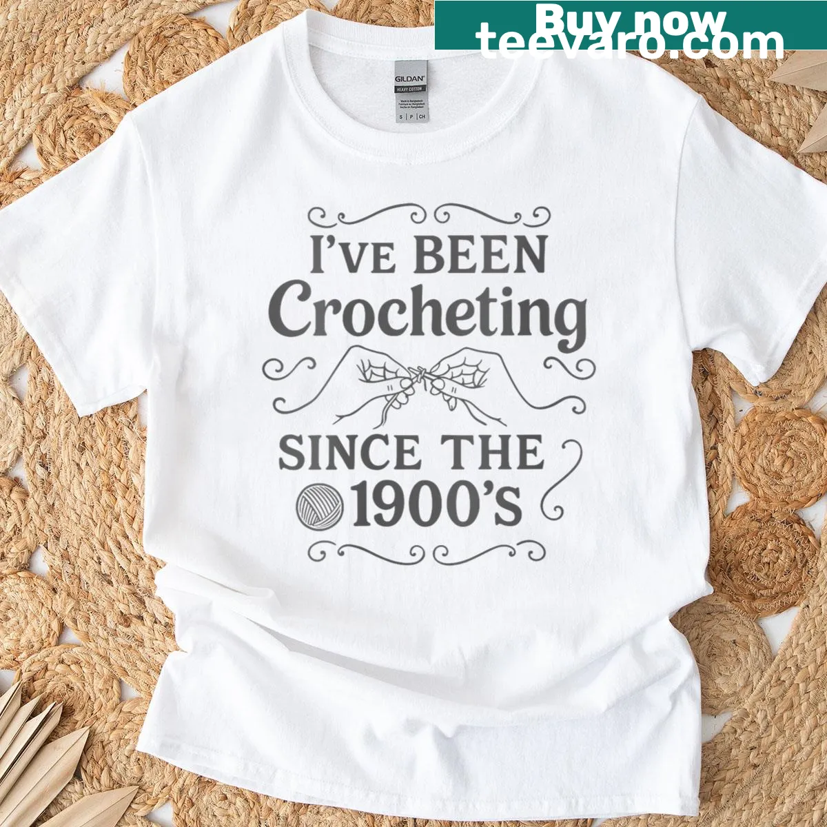 Vintage crochet humor t-shirt with text I've Been Crocheting Since The 1900s — on a men's t-shirt