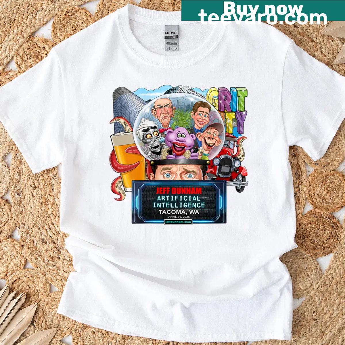 Jeff Dunham comedy t-shirt with Tacoma WA 2025 text — on a men's t-shirt