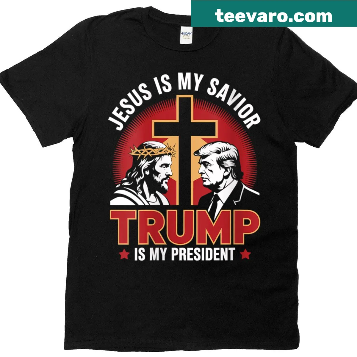 T-shirt with text: Jesus Is My Savior, Trump Is My President, for women. — on a men's t-shirt