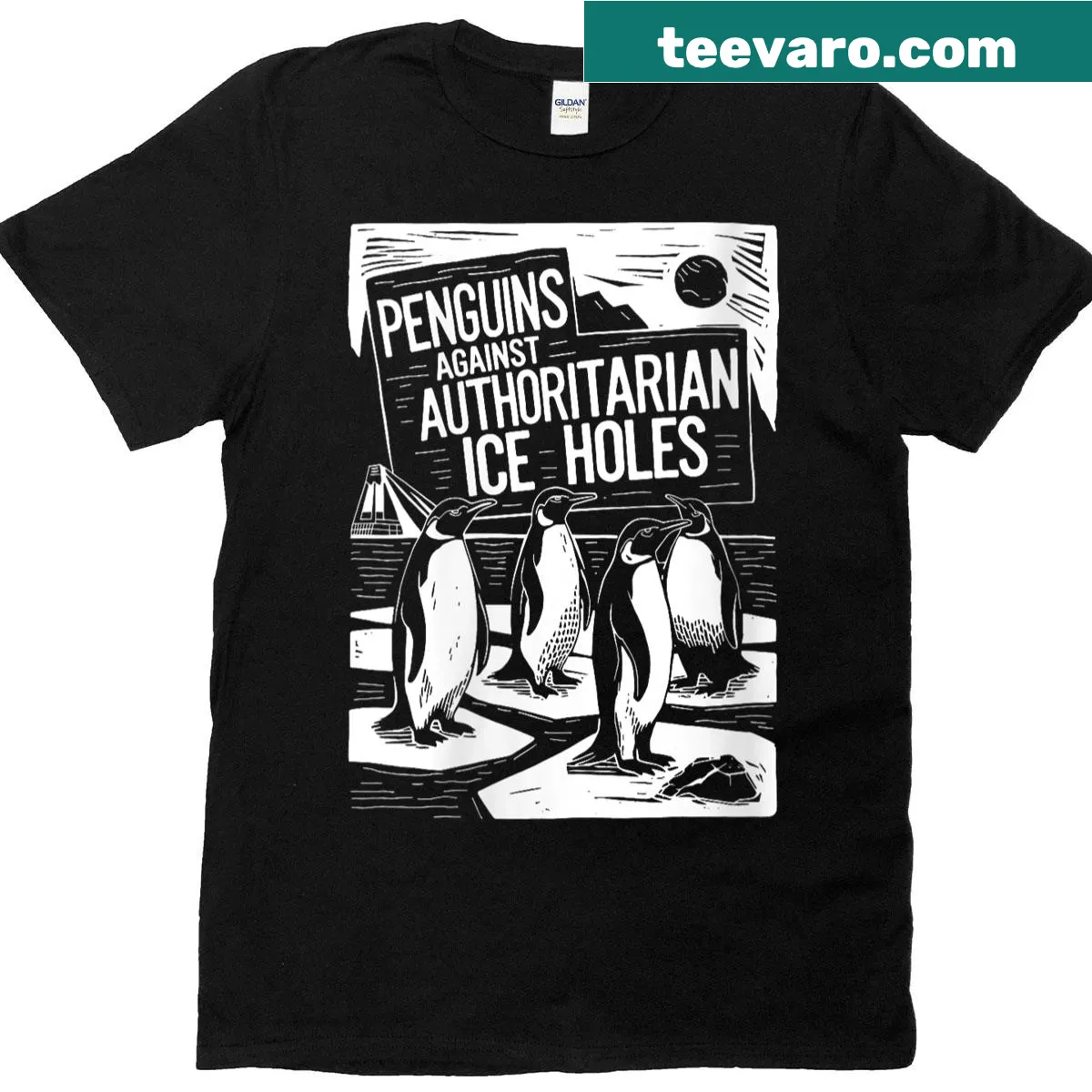 Illustrated T-shirt with penguins promoting anti-authoritarian message — on a men's t-shirt
