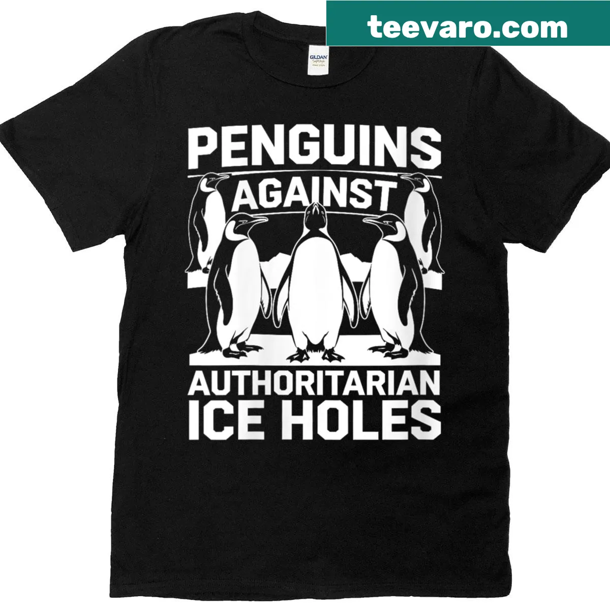 Playful T-shirt with penguin design and anti-authoritarian message — on a men's t-shirt